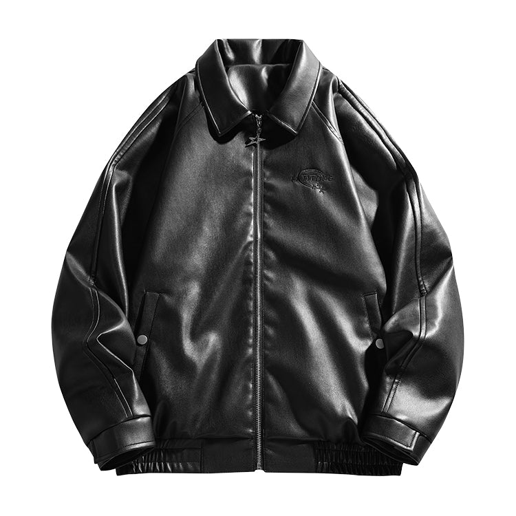 Men Spread Collar Solid Casual Leather Jacket