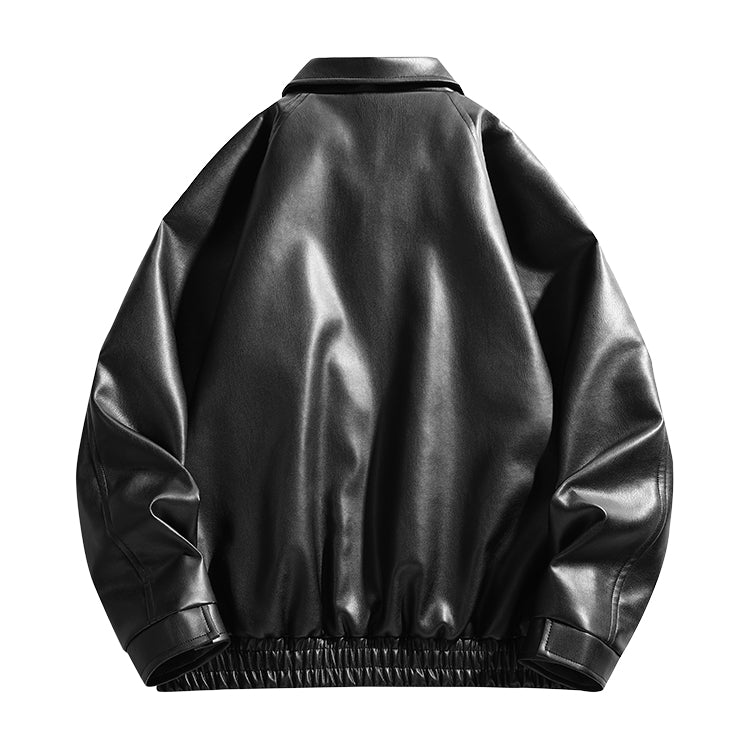Men Spread Collar Solid Casual Leather Jacket