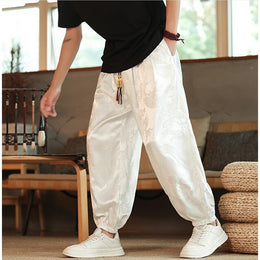 Men Printed Loose Fit Easy Wash Pleated Drop Crotch Trousers