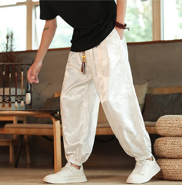 Men Printed Loose Fit Easy Wash Pleated Drop Crotch Trousers