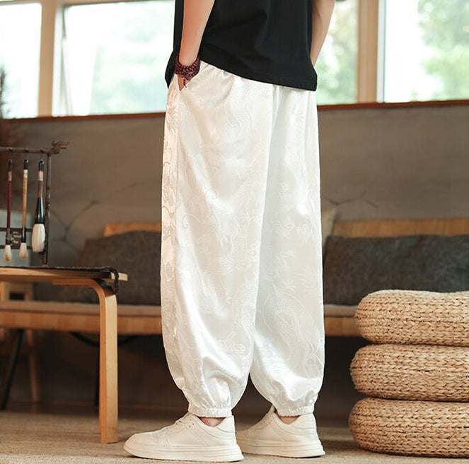 Men Printed Loose Fit Easy Wash Pleated Drop Crotch Trousers