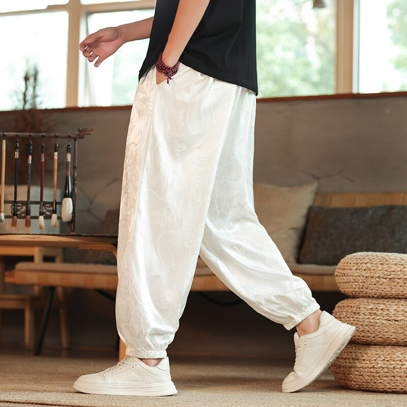 Men Printed Loose Fit Easy Wash Pleated Drop Crotch Trousers
