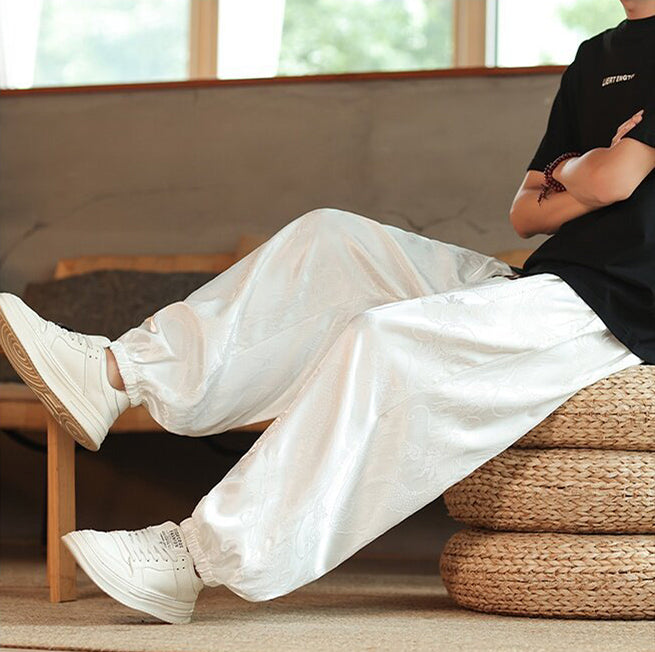 Men Printed Loose Fit Easy Wash Pleated Drop Crotch Trousers