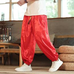Men Self Design Loose Fit Mid-Rise Pleated Drop Crotch Trousers