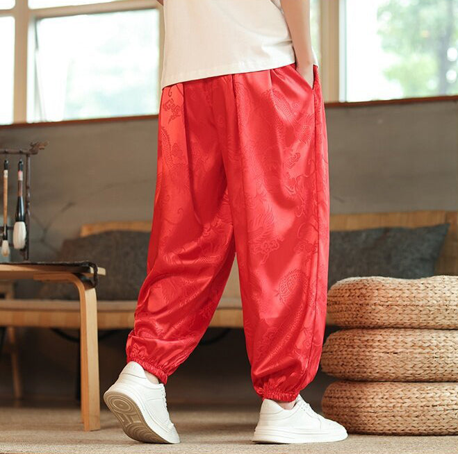 Men Self Design Loose Fit Mid-Rise Pleated Drop Crotch Trousers