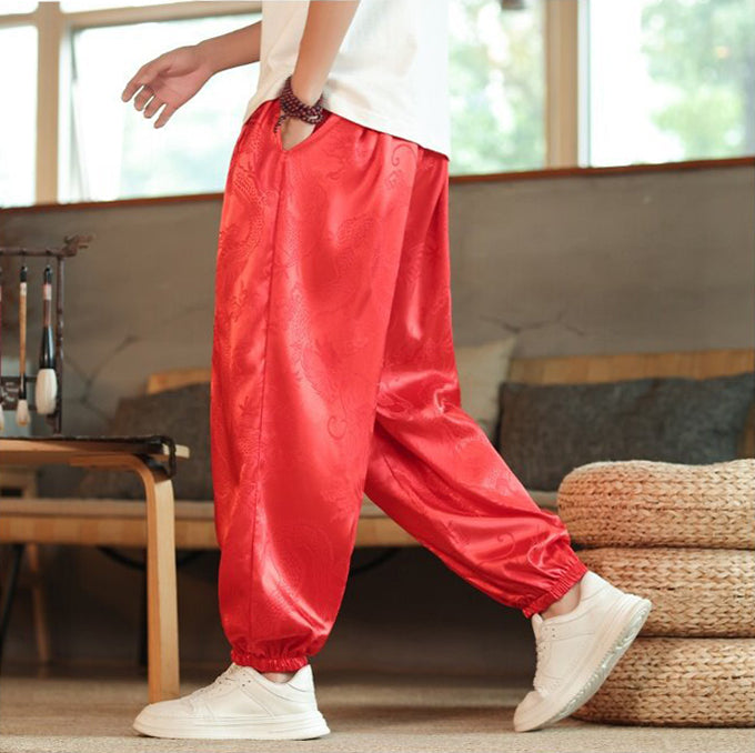 Men Self Design Loose Fit Mid-Rise Pleated Drop Crotch Trousers