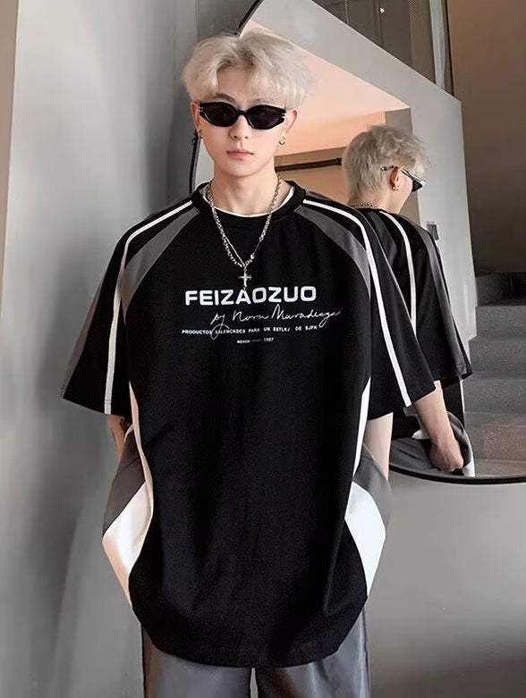 Colourblocked Printed Drop-Shoulder Sleeves Oversized T-shirt