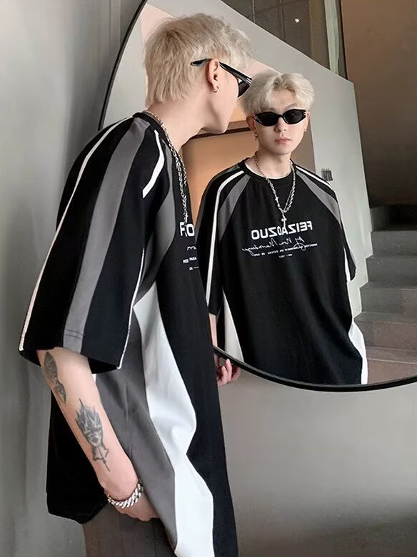 Colourblocked Printed Drop-Shoulder Sleeves Oversized T-shirt