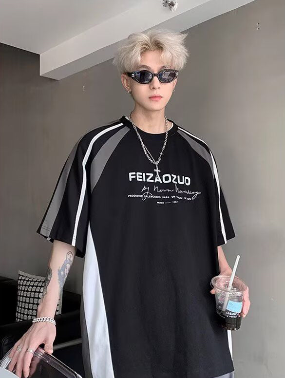 Colourblocked Printed Drop-Shoulder Sleeves Oversized T-shirt