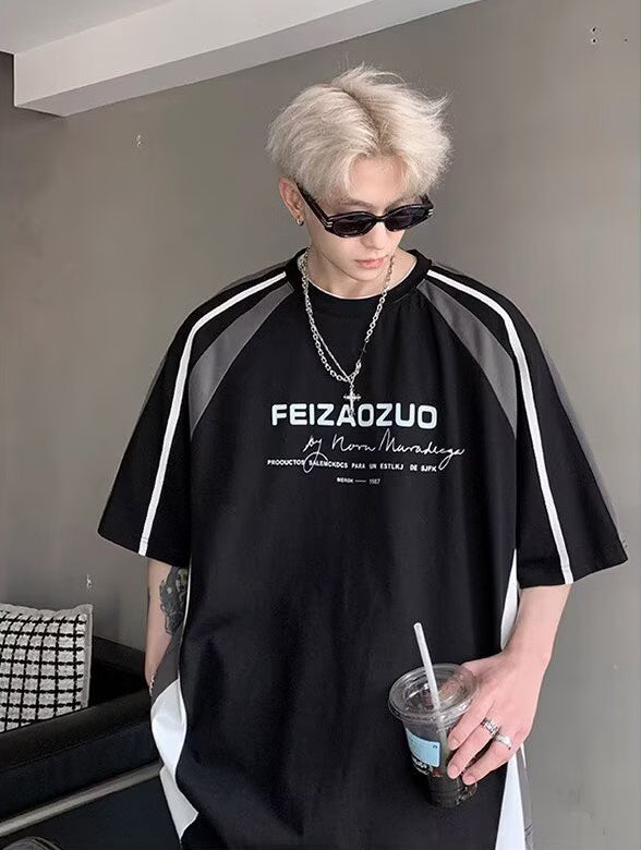 Colourblocked Printed Drop-Shoulder Sleeves Oversized T-shirt