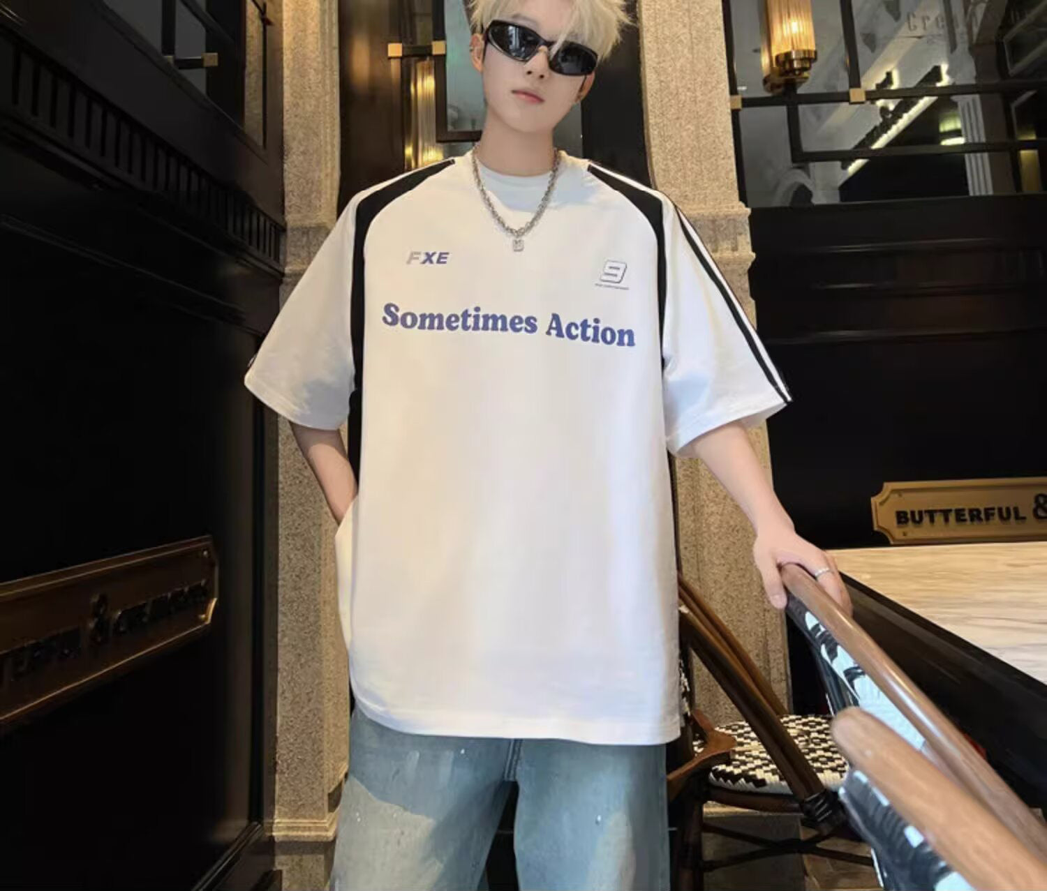 Typography Printed Round Neck Drop-Shoulder Sleeves Oversized T-shirt