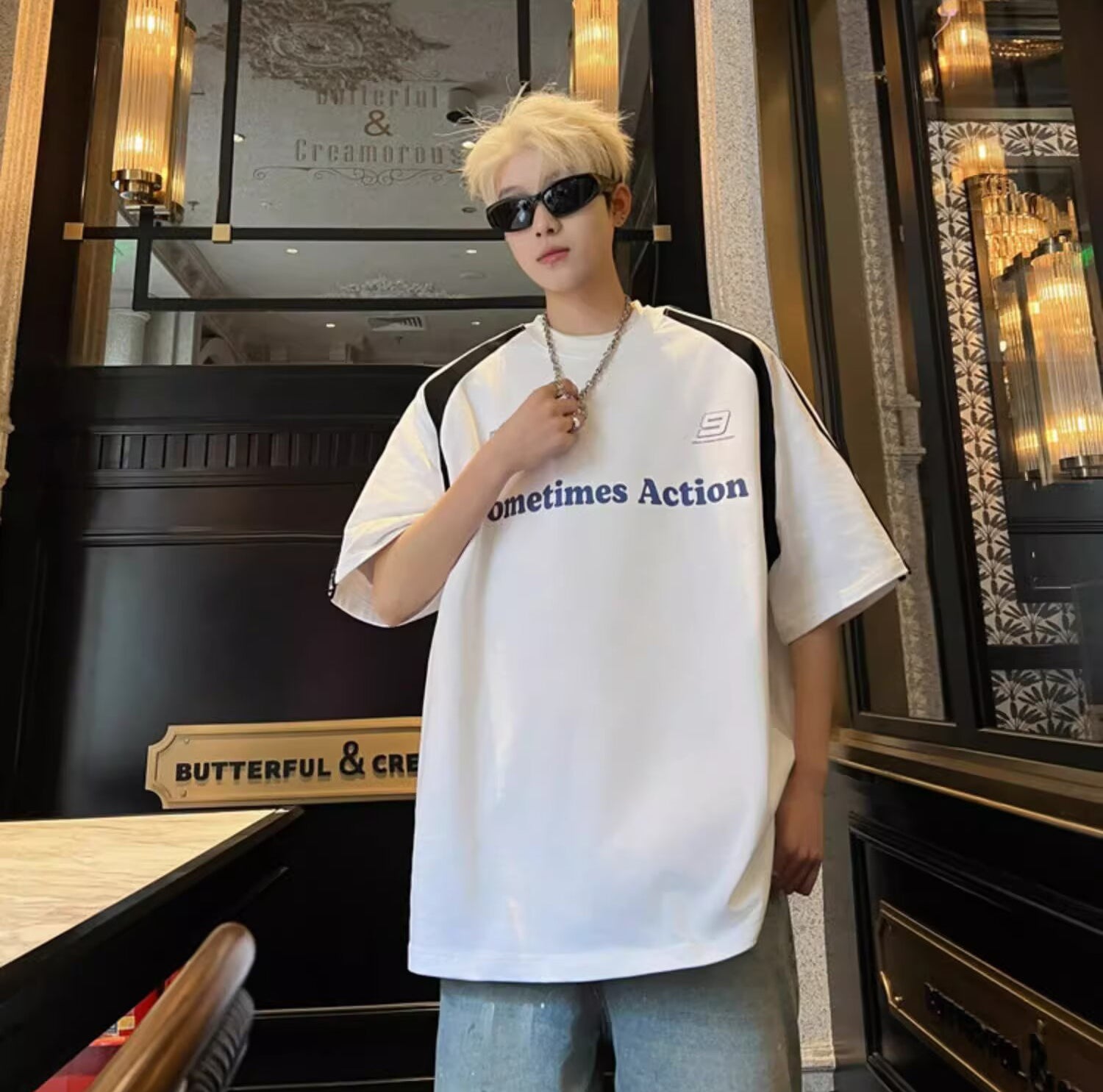 Typography Printed Round Neck Drop-Shoulder Sleeves Oversized T-shirt