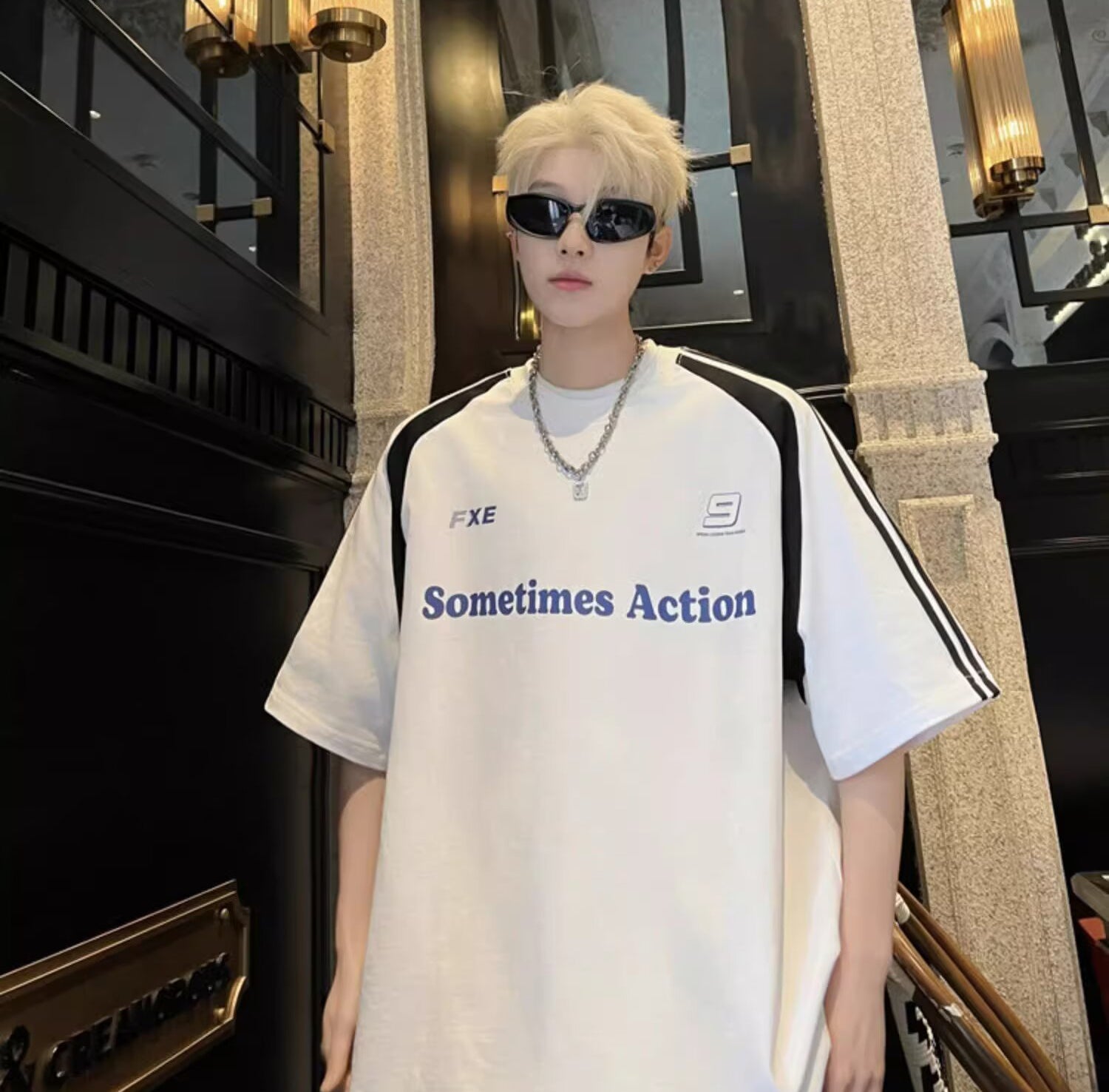 Typography Printed Round Neck Drop-Shoulder Sleeves Oversized T-shirt