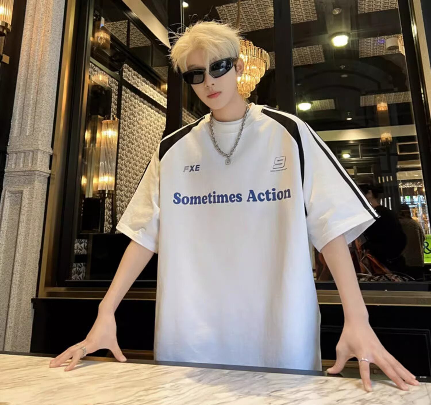 Typography Printed Round Neck Drop-Shoulder Sleeves Oversized T-shirt