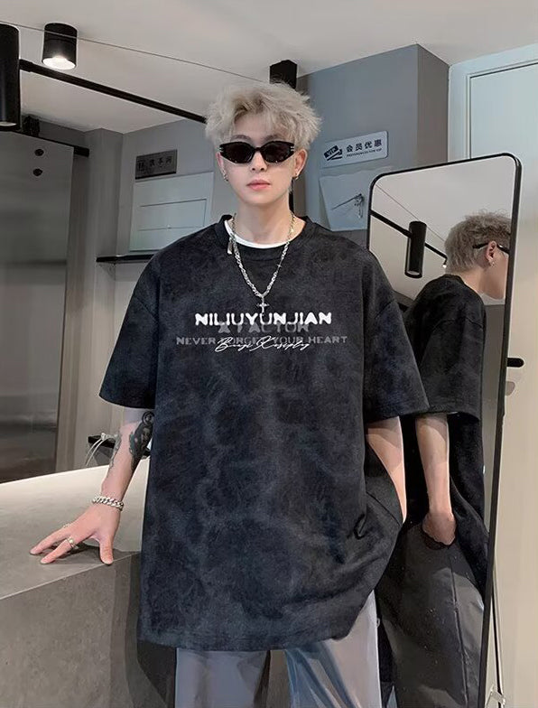 Typography Printed Round Neck Drop-Shoulder Sleeves Oversized T-shirt