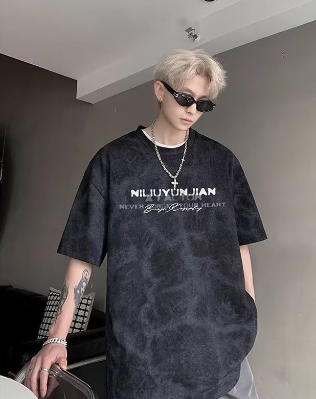 Typography Printed Round Neck Drop-Shoulder Sleeves Oversized T-shirt