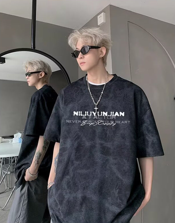 Typography Printed Round Neck Drop-Shoulder Sleeves Oversized T-shirt