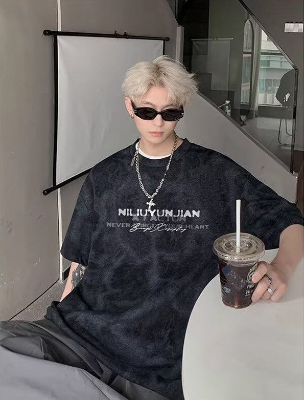 Typography Printed Round Neck Drop-Shoulder Sleeves Oversized T-shirt