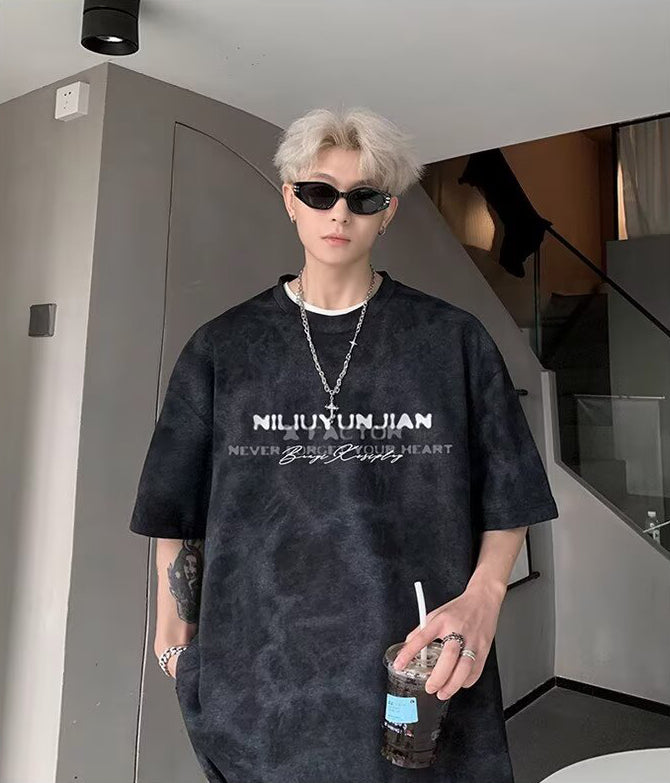 Typography Printed Round Neck Drop-Shoulder Sleeves Oversized T-shirt