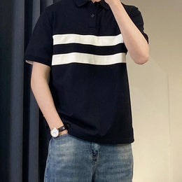 Striped Mandarin Collar Raw Edge T-shirt