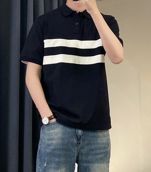 Striped Mandarin Collar Raw Edge T-shirt