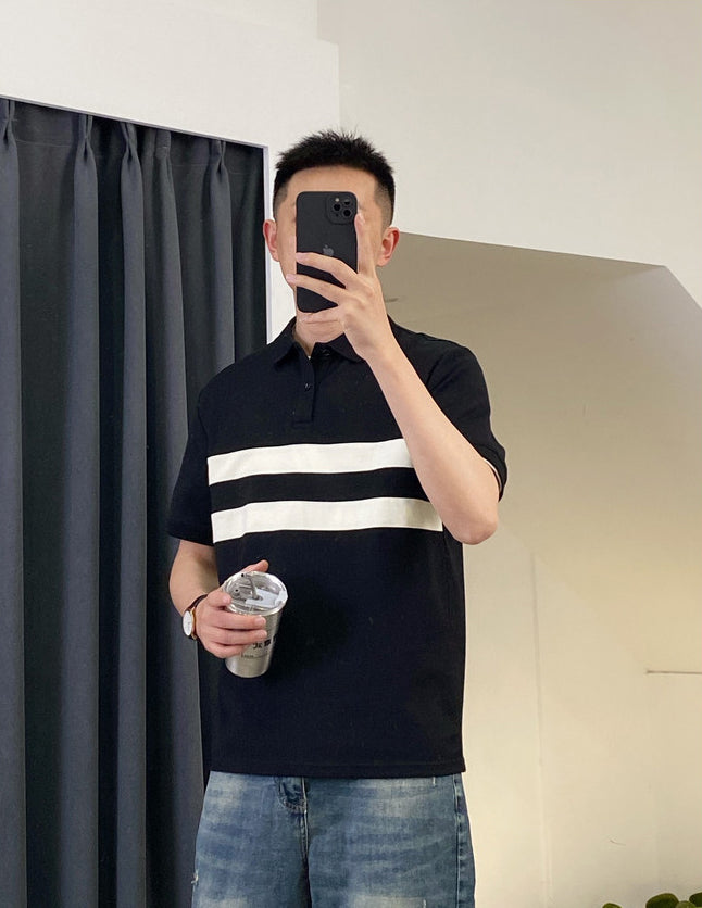 Striped Mandarin Collar Raw Edge T-shirt