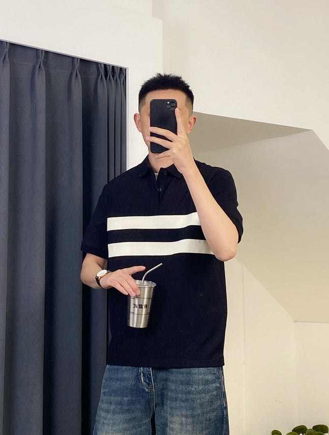 Striped Mandarin Collar Raw Edge T-shirt