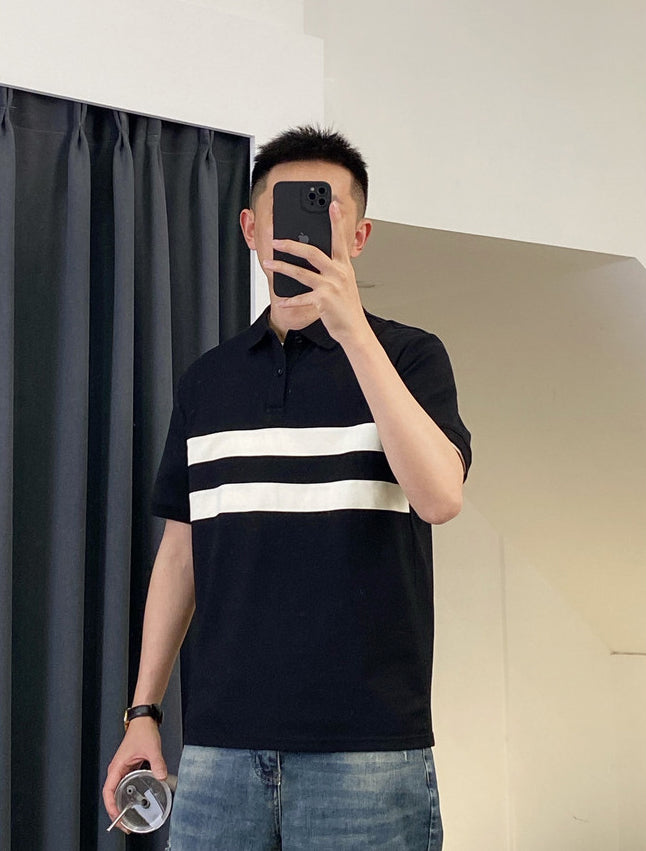 Striped Mandarin Collar Raw Edge T-shirt