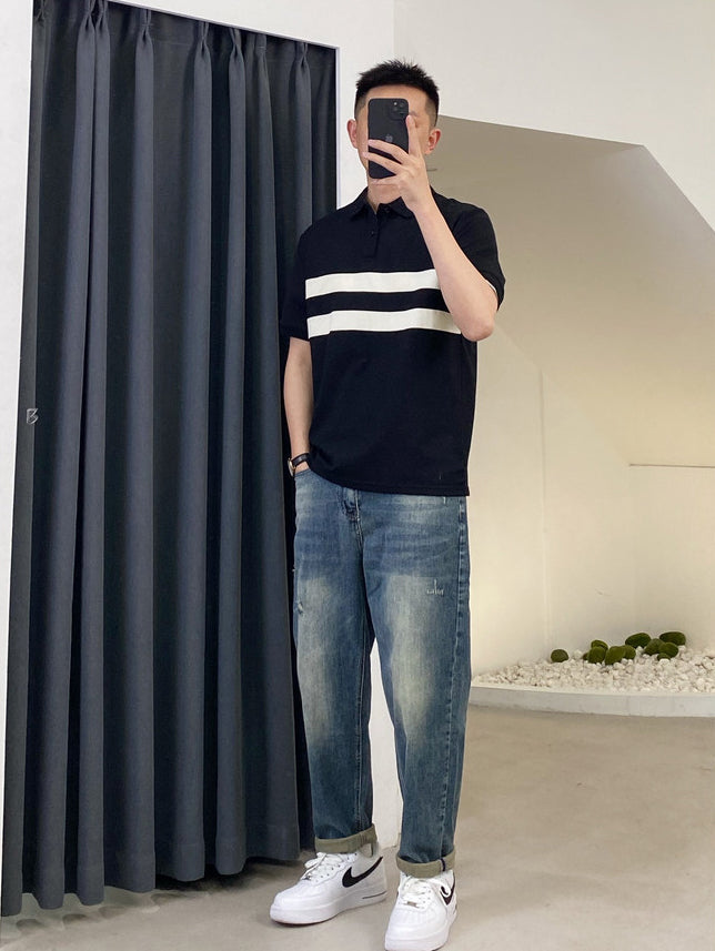 Striped Mandarin Collar Raw Edge T-shirt
