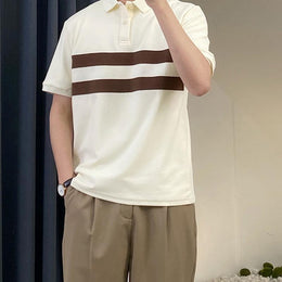 Striped Polo Collar Raw Edge T-shirt