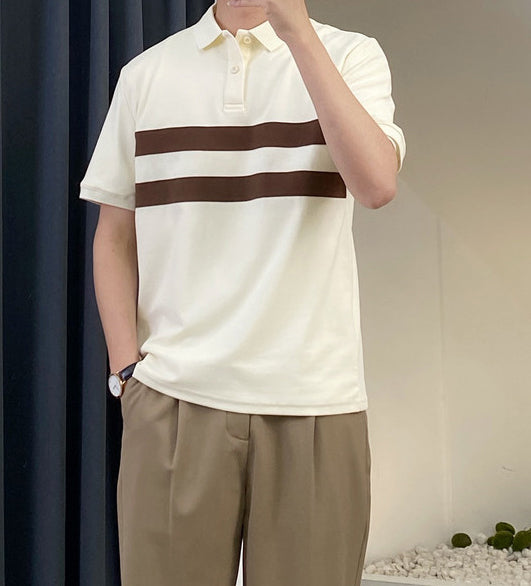 Striped Polo Collar Raw Edge T-shirt