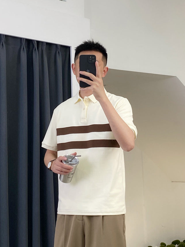 Striped Polo Collar Raw Edge T-shirt