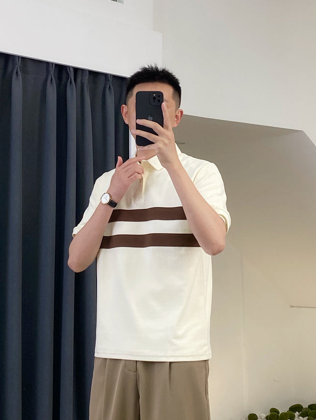 Striped Polo Collar Raw Edge T-shirt