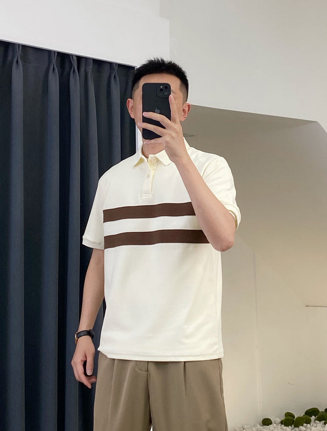 Striped Polo Collar Raw Edge T-shirt