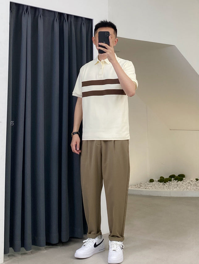Striped Polo Collar Raw Edge T-shirt