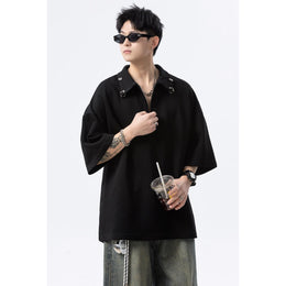 Men Mandarin Collar Raw Edge T-shirt