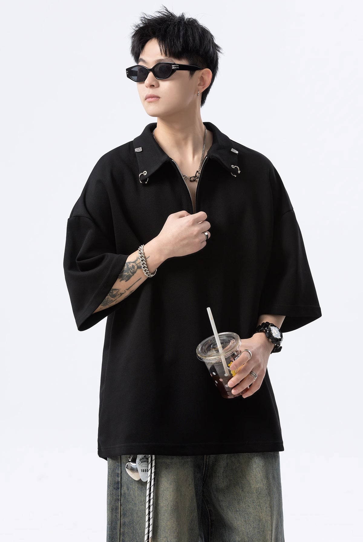 Men Mandarin Collar Raw Edge T-shirt