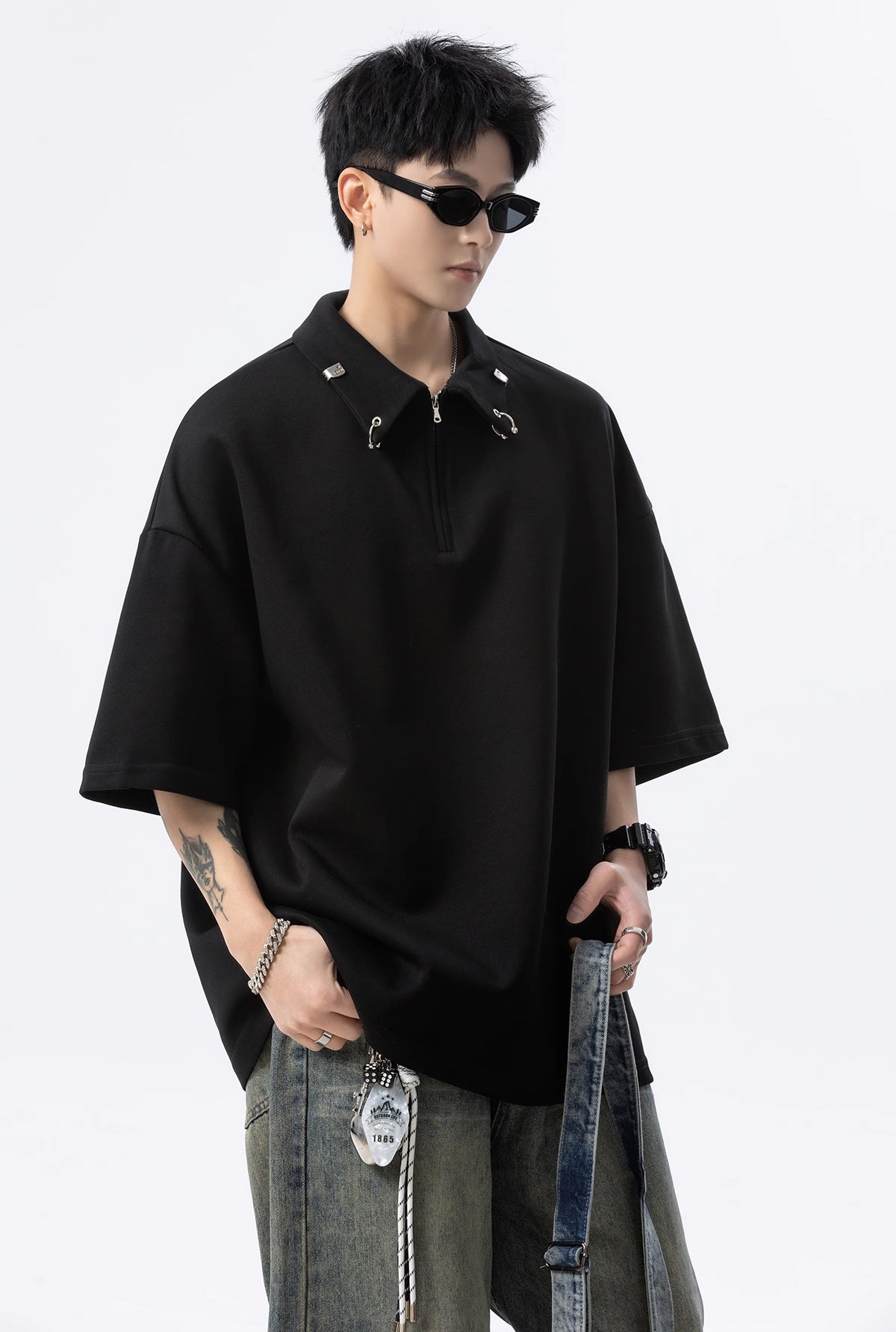 Men Mandarin Collar Raw Edge T-shirt