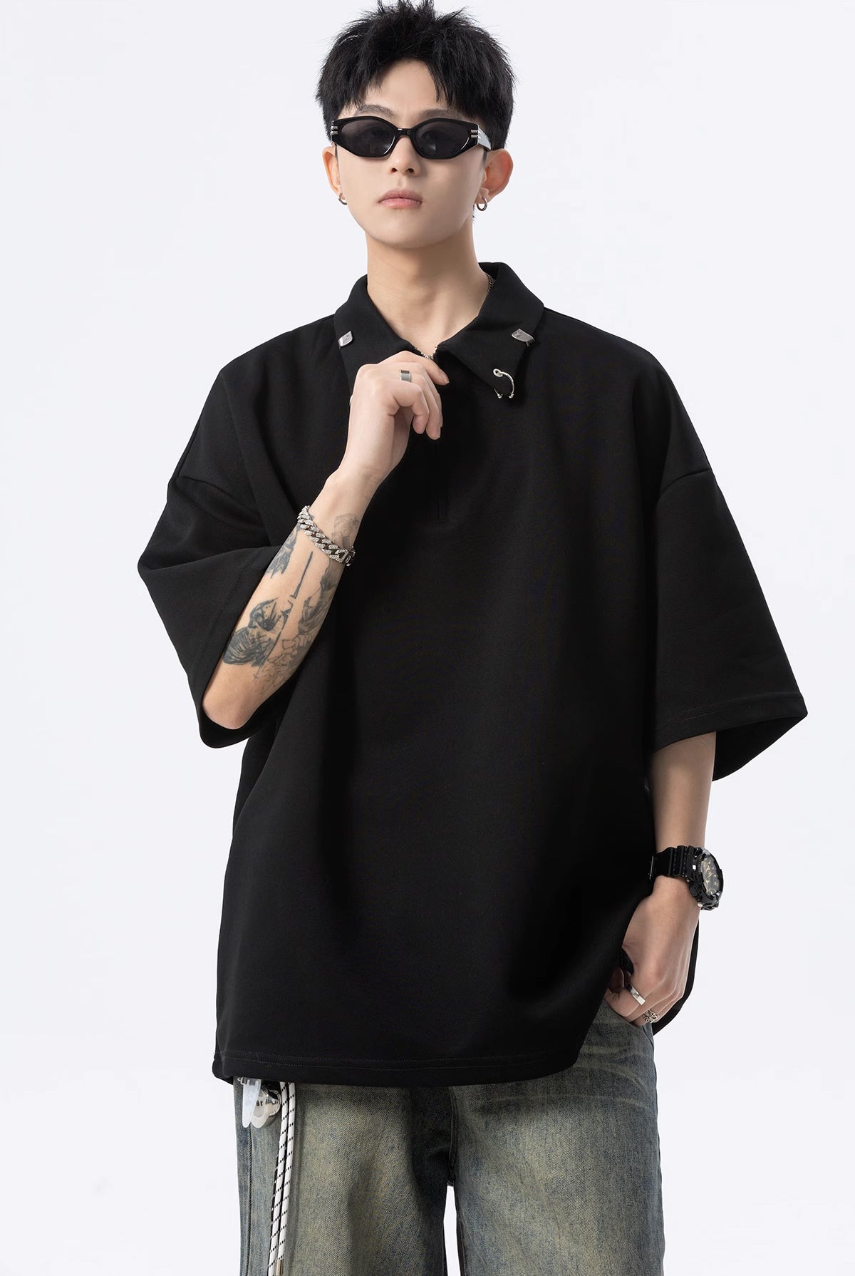 Men Mandarin Collar Raw Edge T-shirt