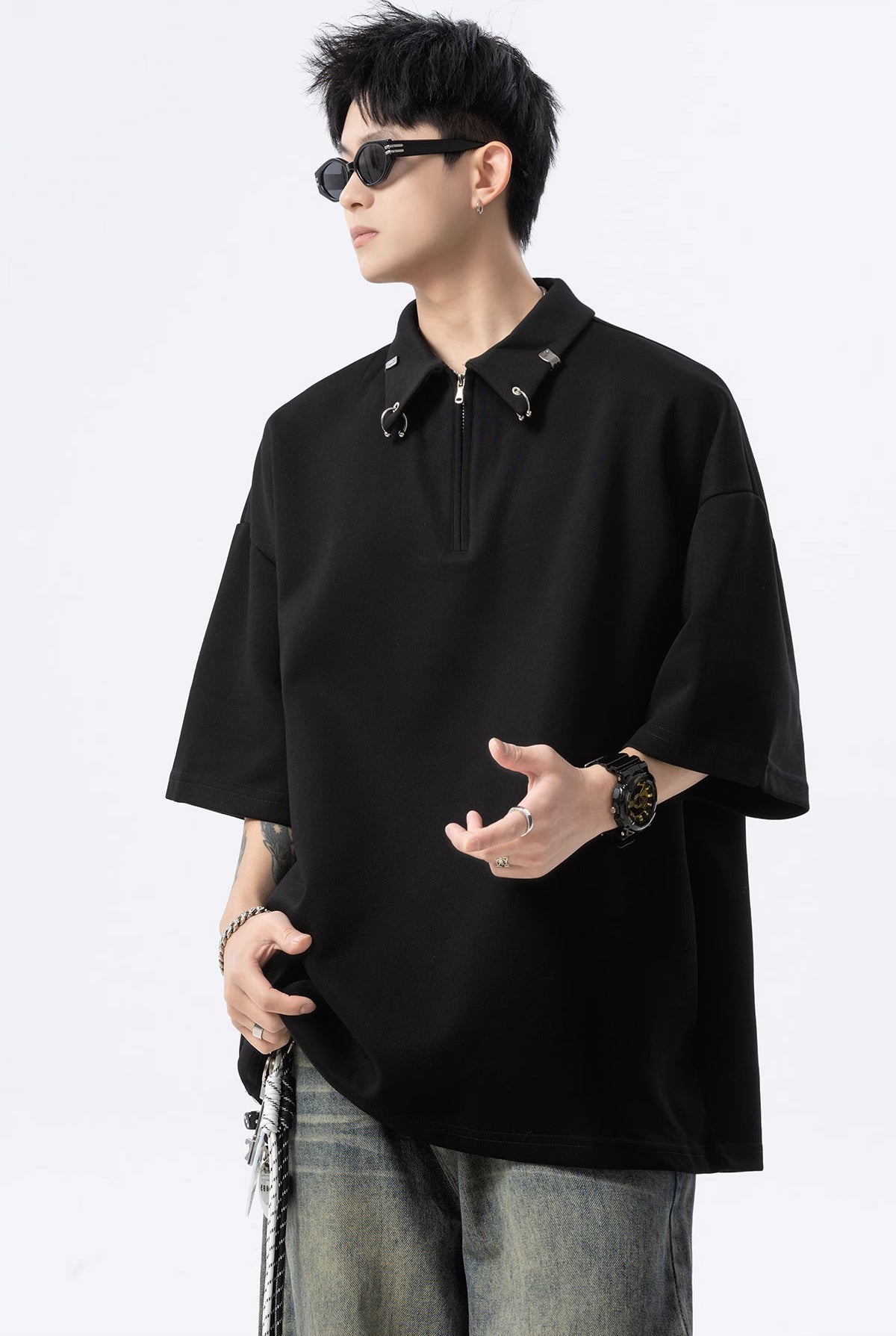 Men Mandarin Collar Raw Edge T-shirt