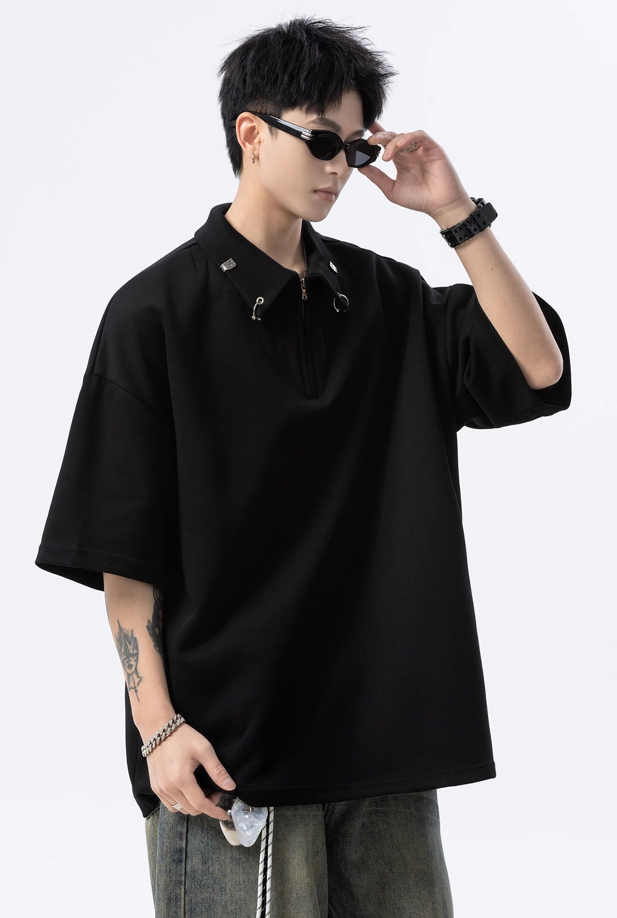 Men Mandarin Collar Raw Edge T-shirt