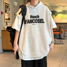 Typography Printed Hooded Raw Edge T-shirt