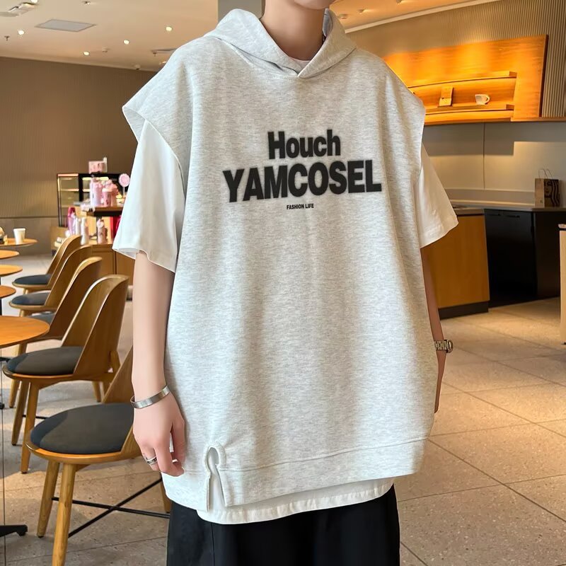 Typography Printed Hooded Raw Edge T-shirt
