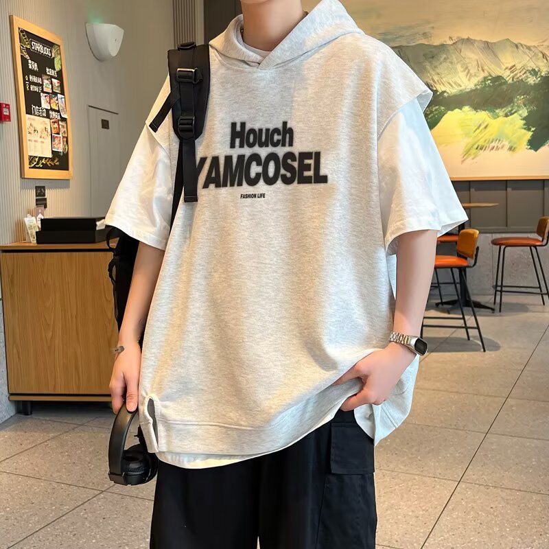 Typography Printed Hooded Raw Edge T-shirt