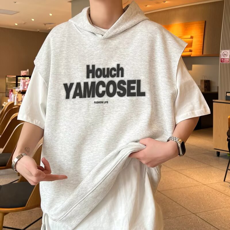 Typography Printed Hooded Raw Edge T-shirt