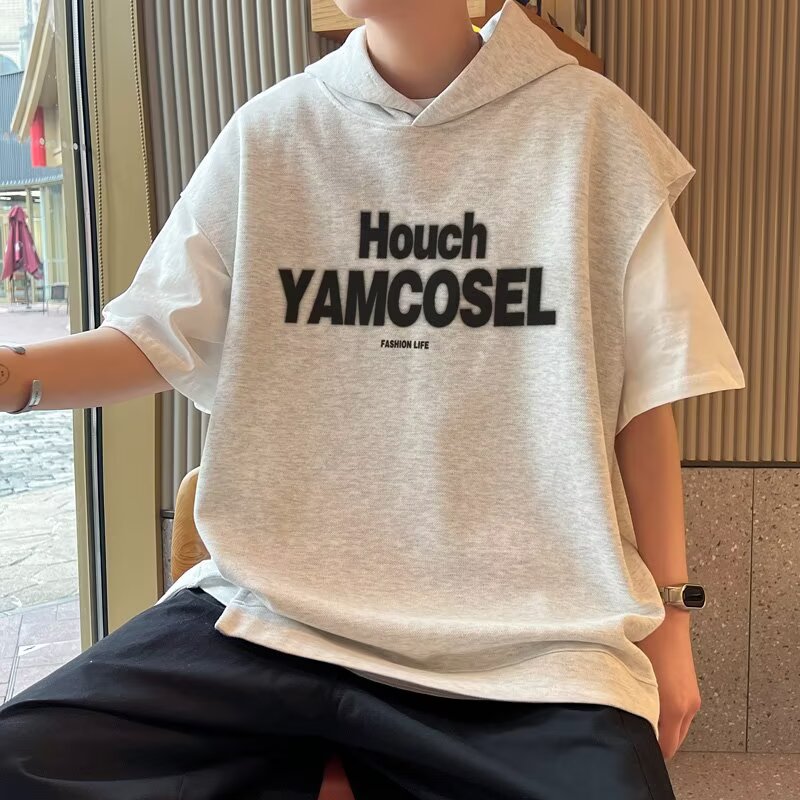 Typography Printed Hooded Raw Edge T-shirt