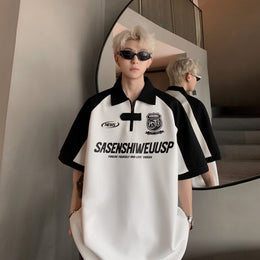 Typography Printed Polo Collar Drop-Shoulder Sleeves Oversized T-shirt