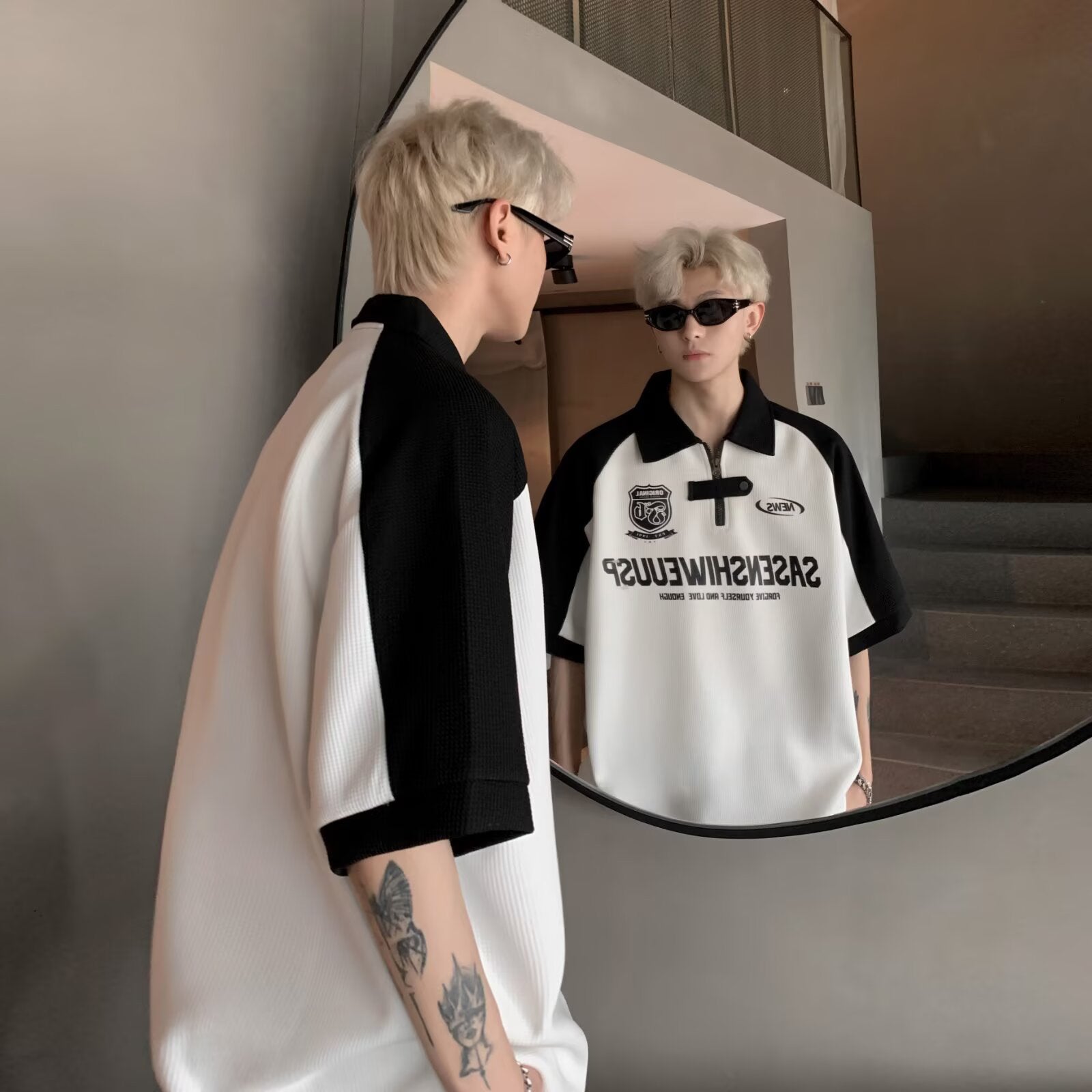 Typography Printed Polo Collar Drop-Shoulder Sleeves Oversized T-shirt