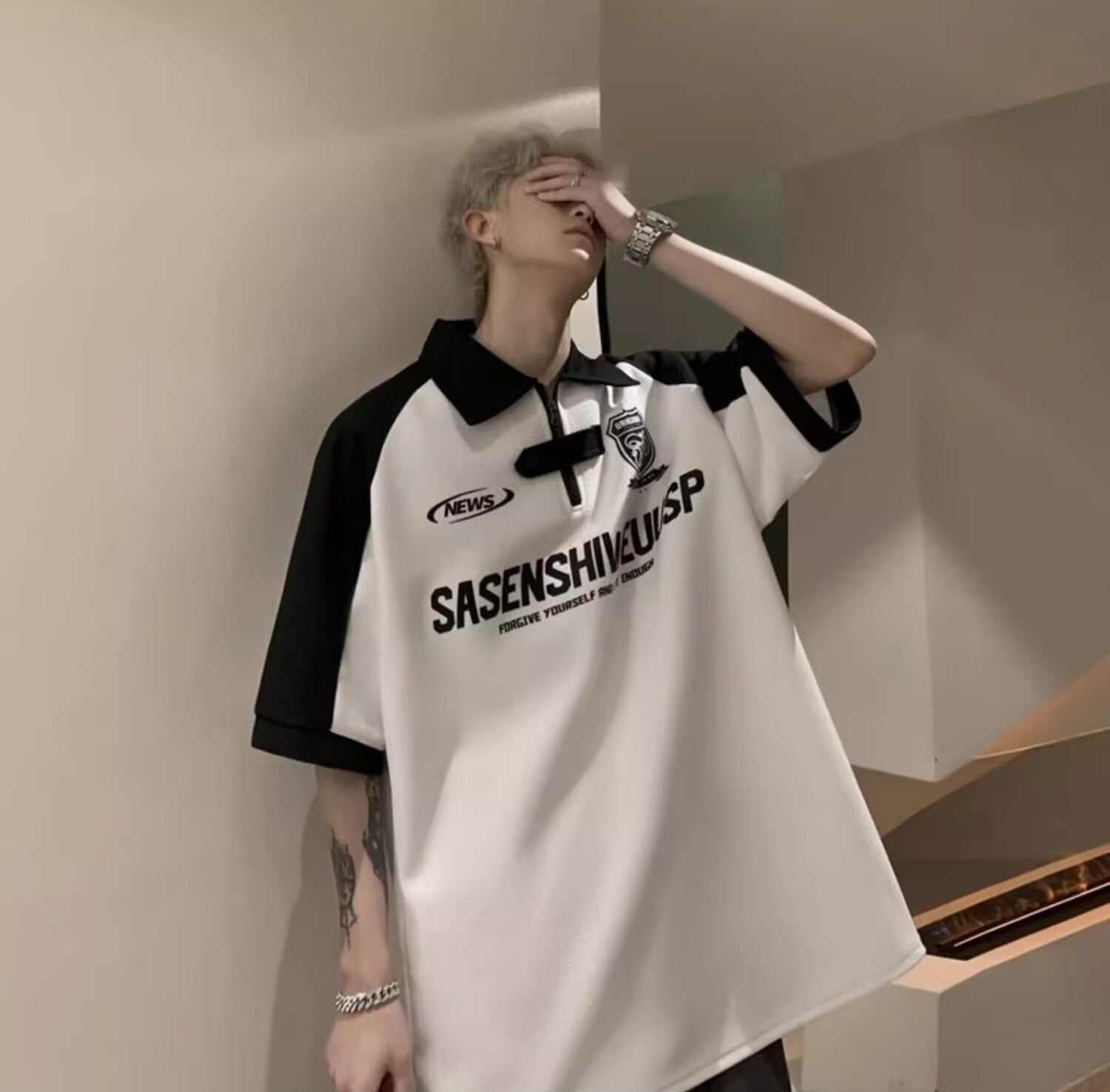 Typography Printed Polo Collar Drop-Shoulder Sleeves Oversized T-shirt