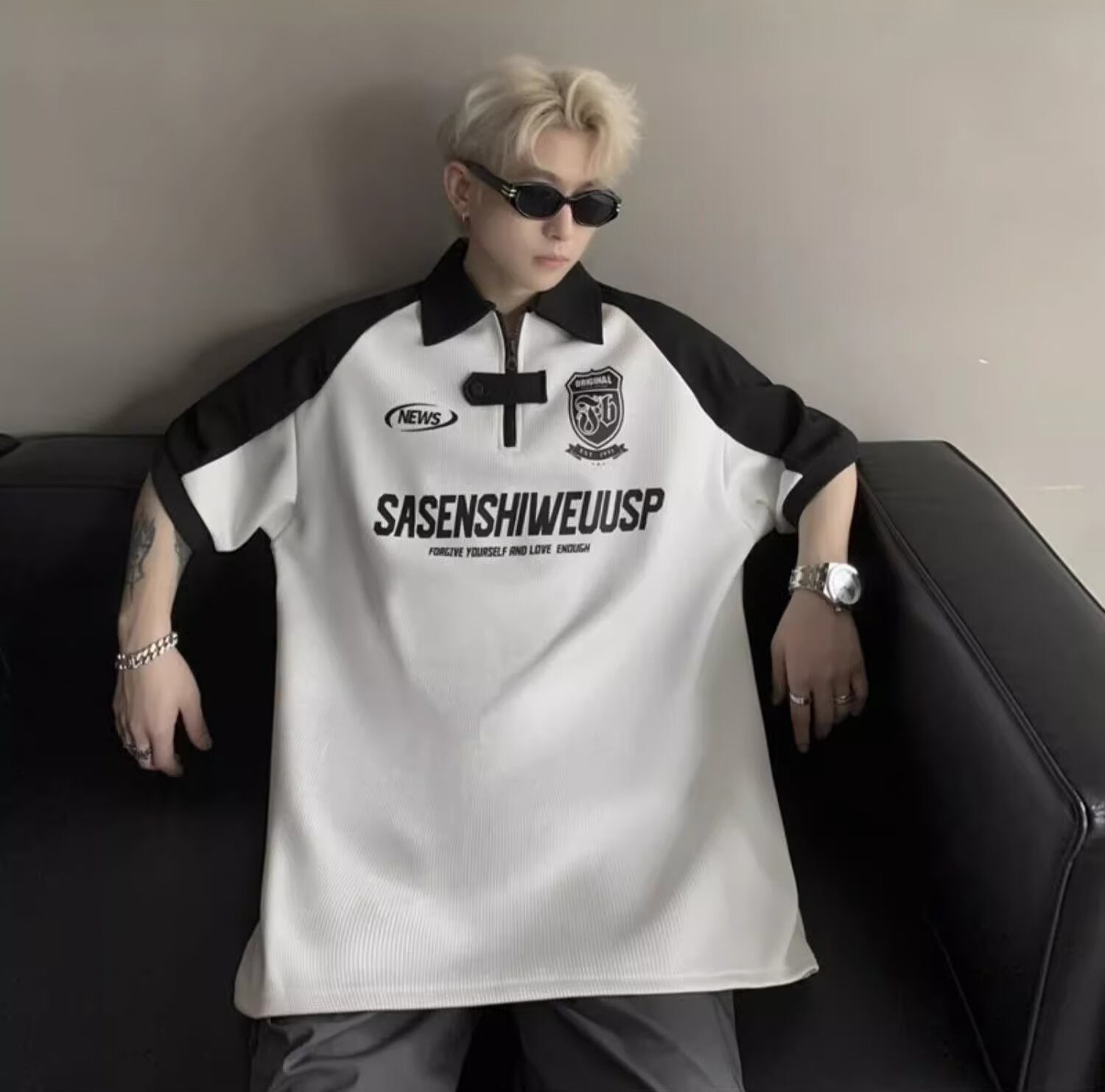 Typography Printed Polo Collar Drop-Shoulder Sleeves Oversized T-shirt